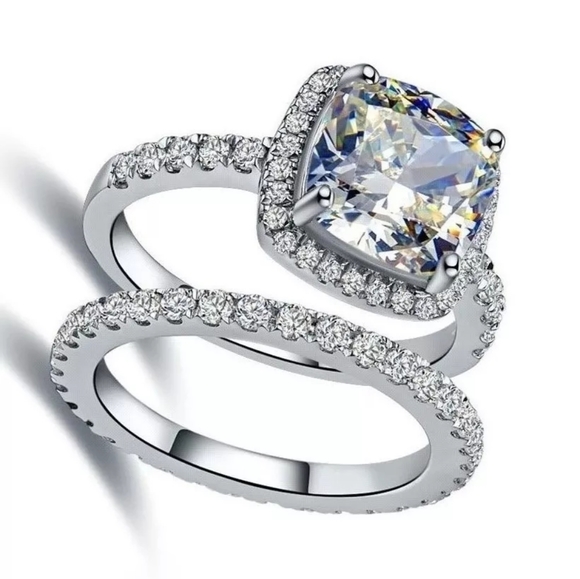 Classic Silver Square Cut Diamond Halo Ring Set - Picture 2 of 3